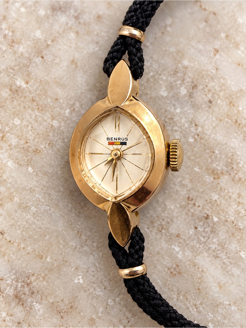 Vintage Benrus Ladies Mechanical Watch Gold Tone Black Cord Dainty Jewelry 10k